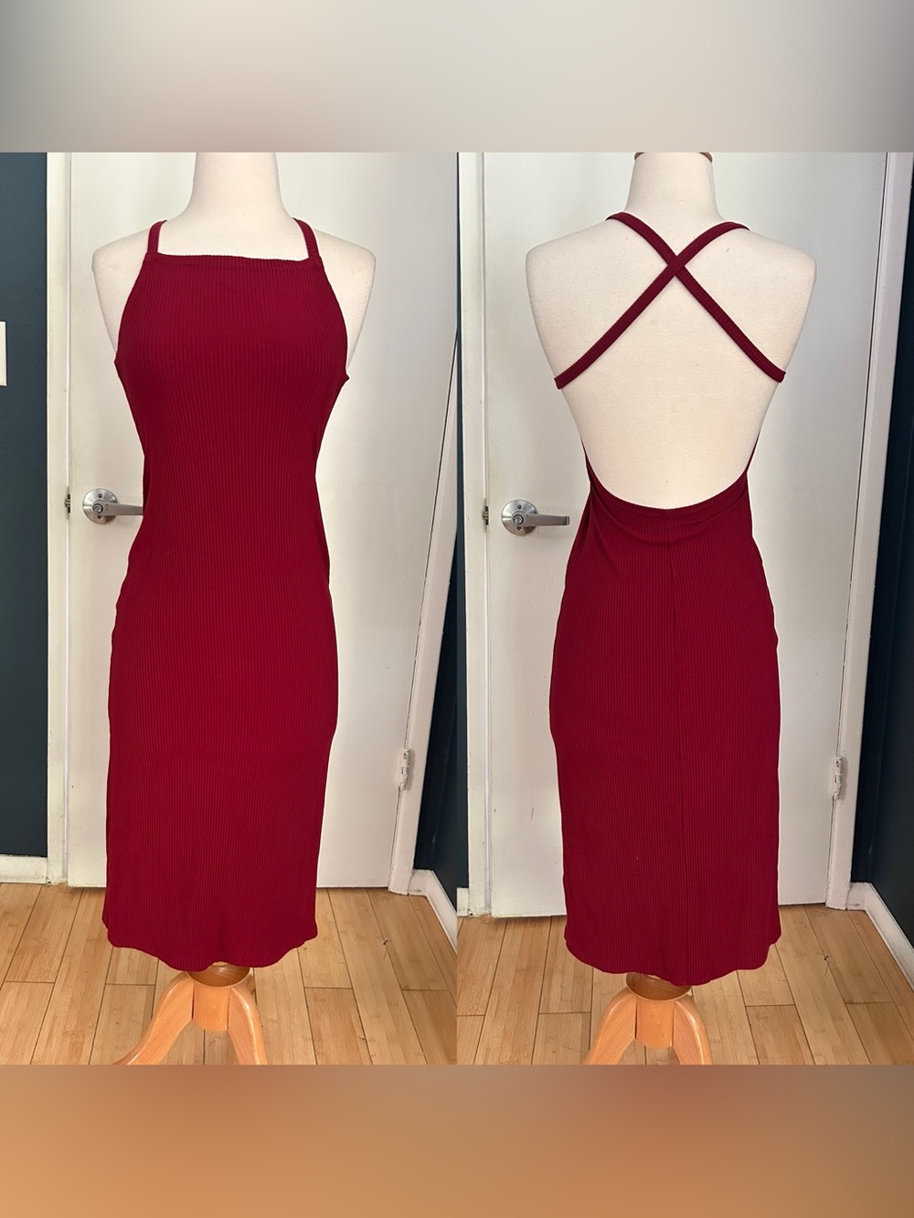 Reformation Wine Red Criss Cross Backless Bodycon Ribbed Dress